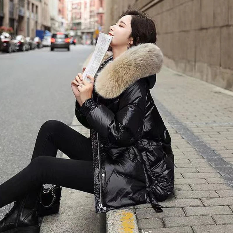 2023 Winter Down Cotton Jacket Women Casual Loose Thicken Warm Parkas Fur Collar Hooded Overcoat Wine Red Waterproof Coat Female