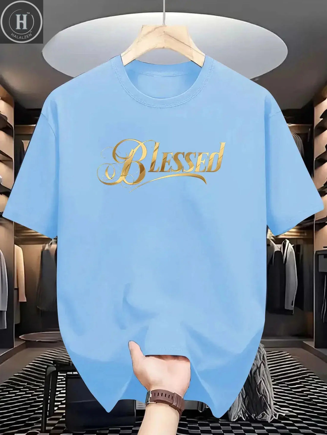 Men's summer 100% cotton fashionable casual loose classic Blessed pattern printed sports round neck short sleeved T-shirt top HALALZEN