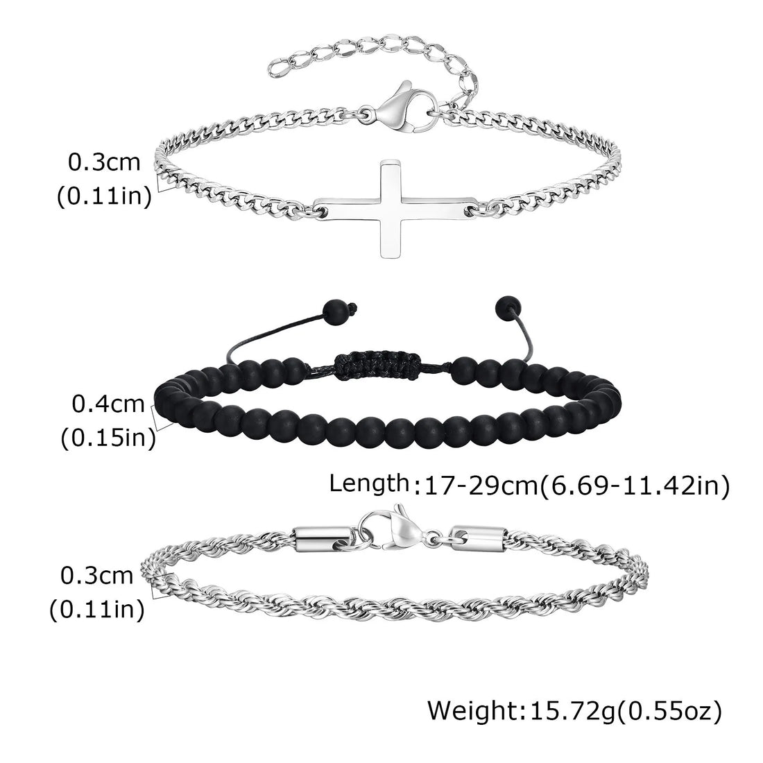 3pcs Stylsh Cross Men's Bracelet,Punk Stainless Steel Stacked Chain Link Wristband,Birthday Anniversary Gift for Him