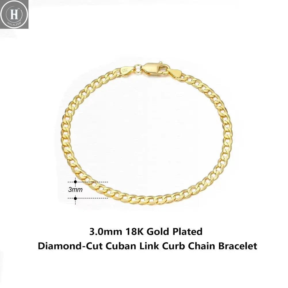 Rinntin 18K Gold Over 925 Sterling Silver 3mm Italian Cuban Chain Bracelet for Women Men Trendy Silver Bracelet Jewelry SB123 HALALZEN