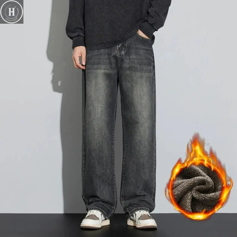 High Quality Winter Fleece Wide Legs Men's Jeans Warm Thickened Velvet Loose Straight Casual Denim Pants Korean Fashion Trousers HALALZEN