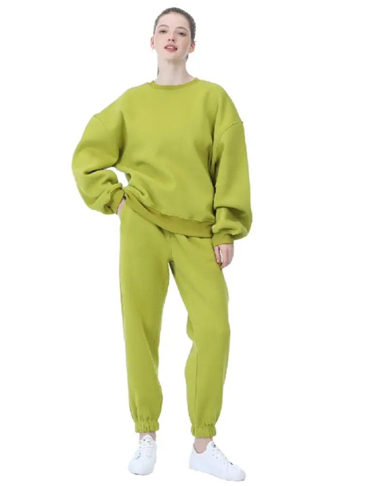 Women Winter Hoodie Sweatshirt Two Piece Sets  Fleece Tracksuit Oversized Pants Suit Autumn Female Casual Solid  Outfits