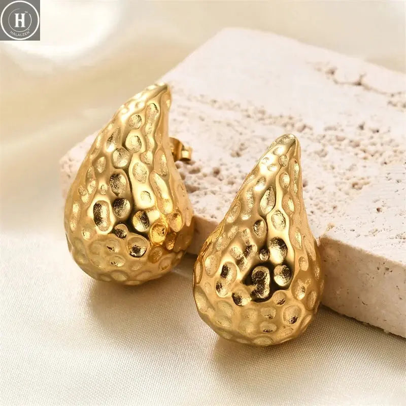 Vintage Chunky Dome Drop Earrings For Women Gold Plated Stainless Steel Thick Teardrop Earring Statement Wedding Jewelry Gifts HALALZEN