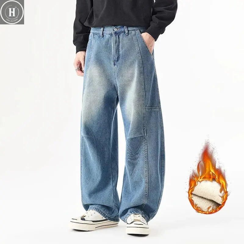 Men's Fleece Thick Curved Knife Jeans American Style Retro Loose Wide Leg Denim Pants Vintage Casual Splicing Design Trousers HALALZEN