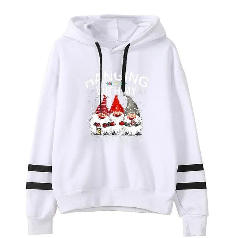 Christmas Floral Print Color Block Long Sleeve Hoodie Women's Knitted T-Shirt Full Sleeve Hooded Top