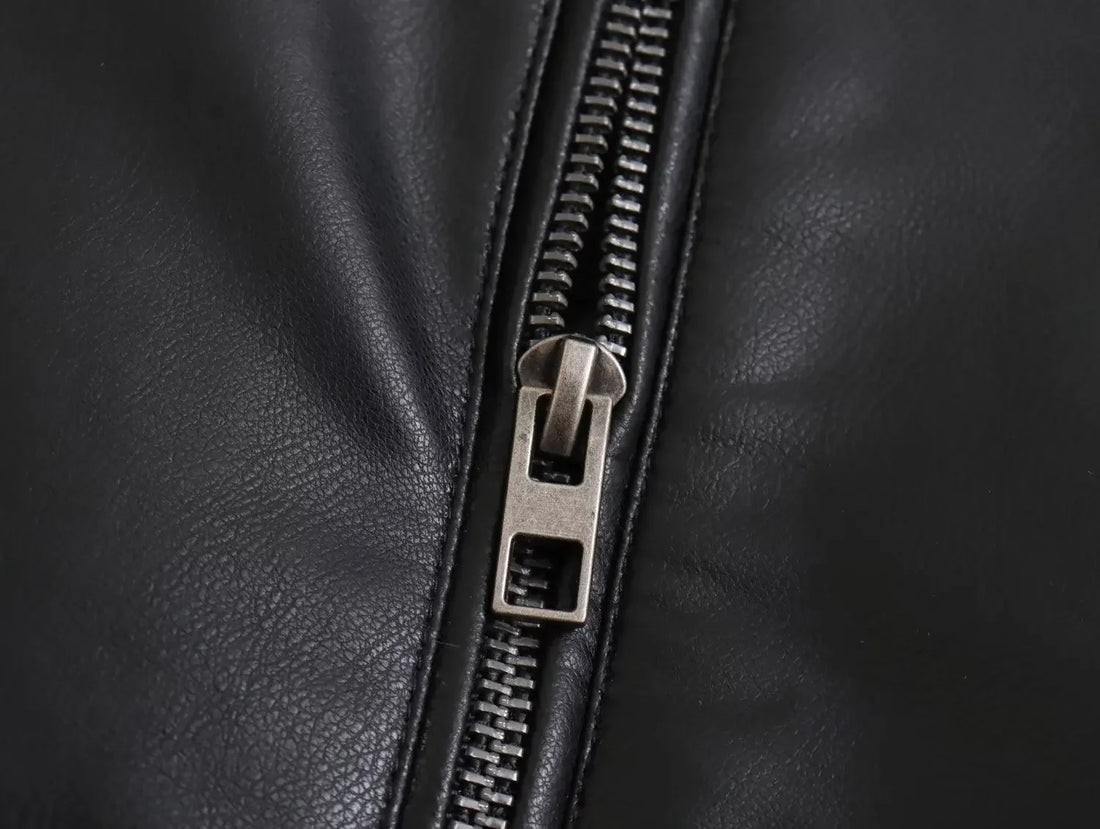 2025 Women's PU Black Zippered Long Sleeve O-Neck Casual Motorcycle Jacket Chic round Neck Tops