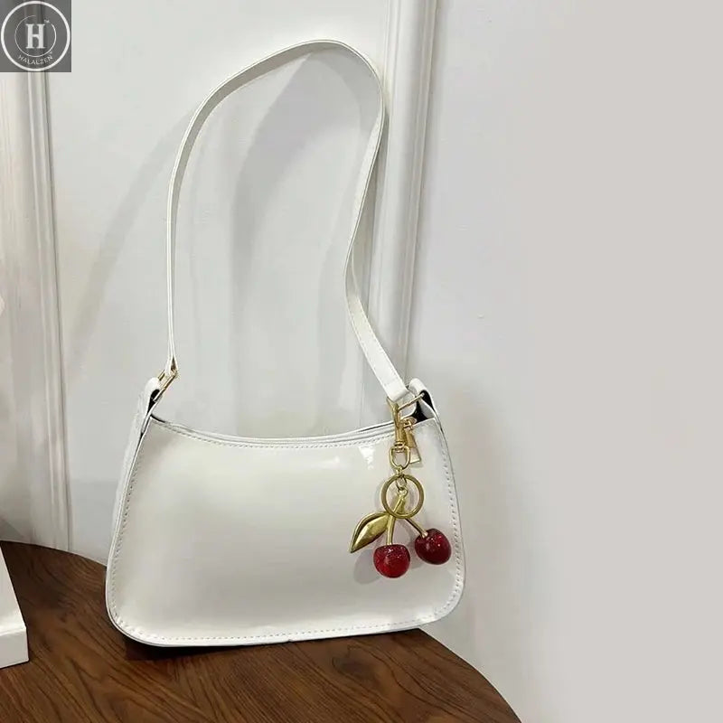 Solid Color PU Leather Women Shoulder Bags Fashion Ladies Cherry Pendant Handbags Purse Casual Design Female Hobos Underarm Bag HALALZEN