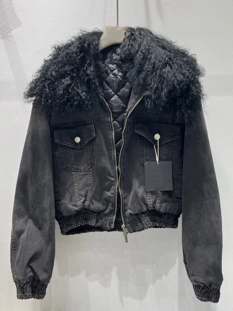Women Vintage Denim Jacket Faux Fur Collar Autumn Winter Padded Liner Short Coat High Street Female Loose Fit Casual Outerwear