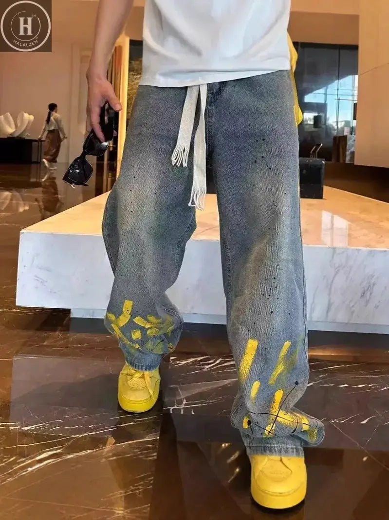 Light Blue Jacquard Streetwear Jeans for Men & Women - Straight Flared Pants with Elastic Waistband, Machine Washable, All-Seaso Halalzen UK