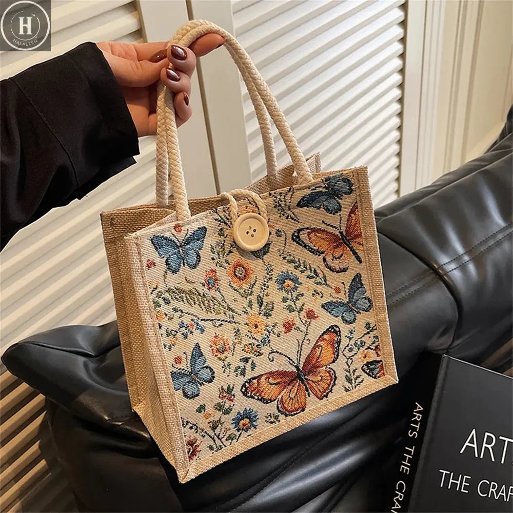 Fashion Linen Small Handbag Butterfly Printed Canvas Bag Party Gift Packing Bag Women Small Tote Bags Portable Shopping Bag HALALZEN
