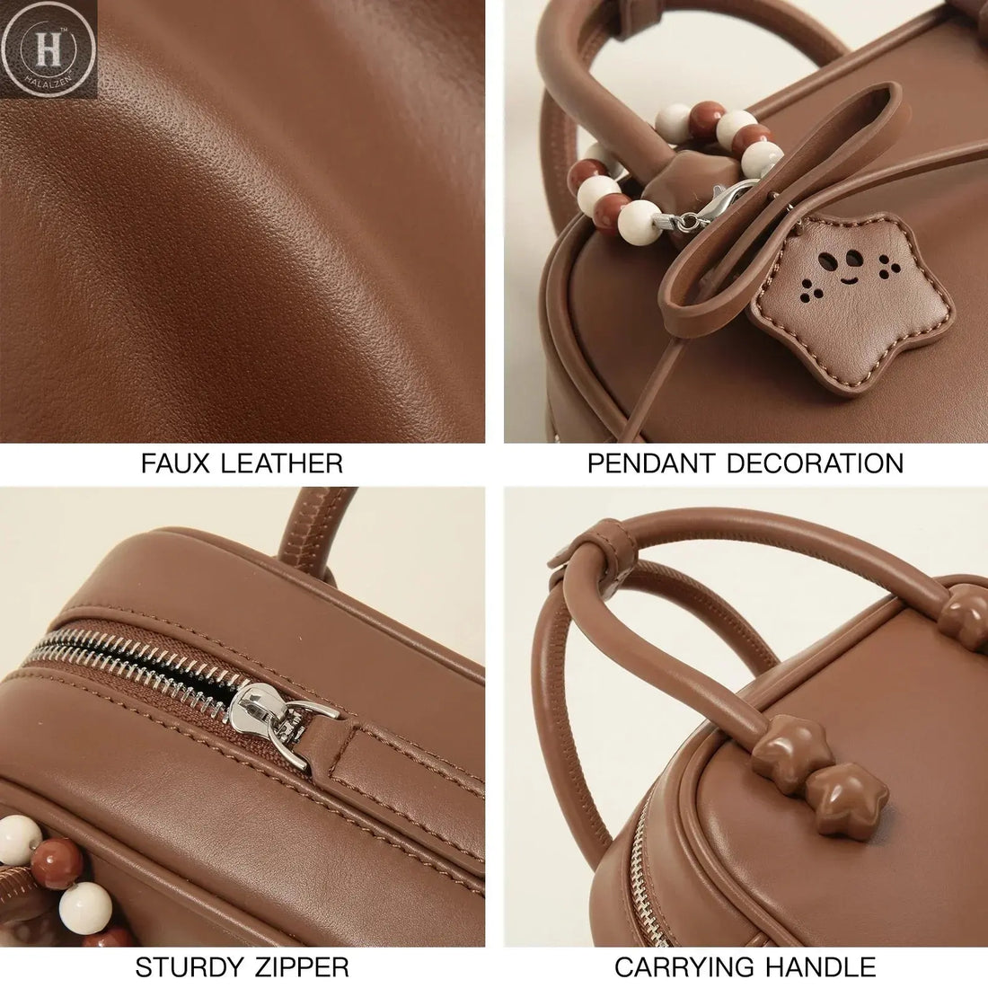TOUTOU Brown Bowling Bag Y2K Retro Women's Crossbody Bag PU Leather boston bag Mini Handbag Solid Color Commuting Purse HALALZEN