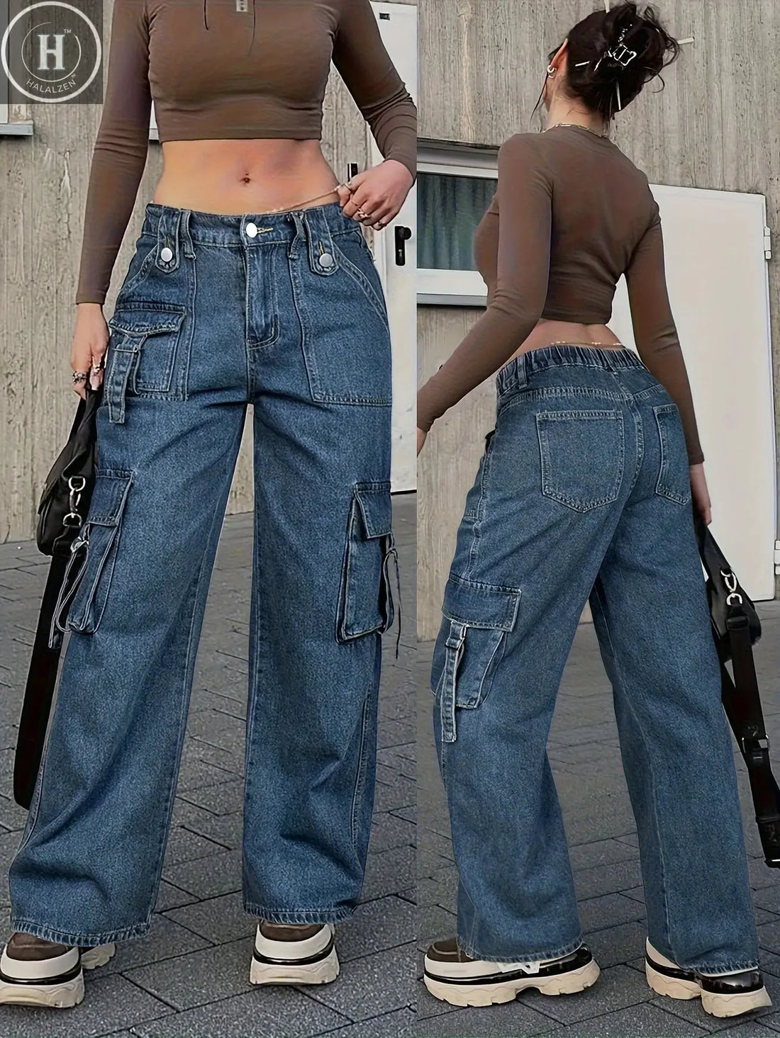 Women's Trendy Cargo Jeans Casual Street Style Zip Multi-Pocket Design With Flap Pockets Tape Elastic Waist Denim Pants Halalzen UK