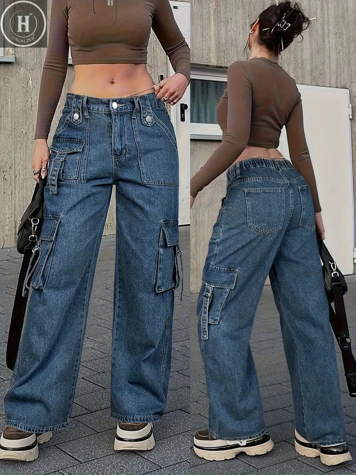 Women's Trendy Cargo Jeans Casual Street Style Zip Multi-Pocket Design With Flap Pockets Tape Elastic Waist Denim Pants Halalzen UK