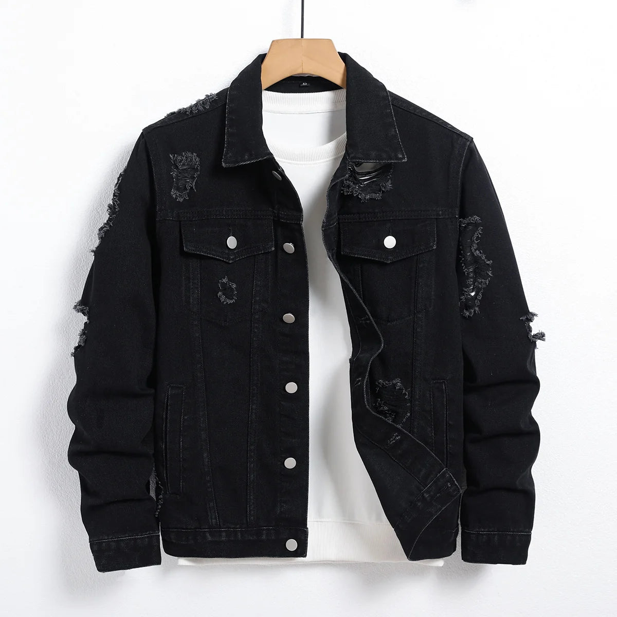 Men's Denim Jacket - Black Regular Jacket, Street Fashion with Rips, Suitable for Daily Casual Outings