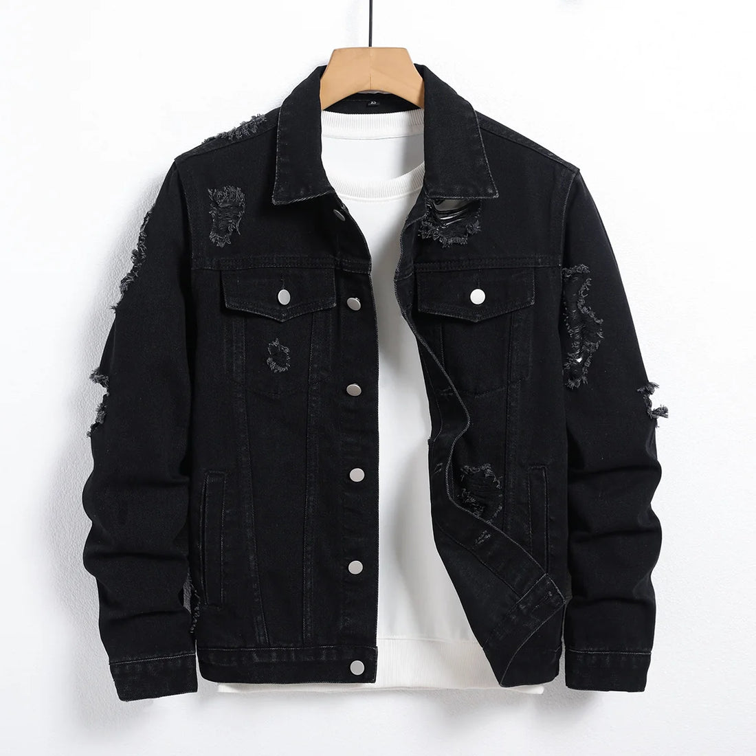 Men's Denim Jacket - Black Regular Jacket, Street Fashion with Rips, Suitable for Daily Casual Outings