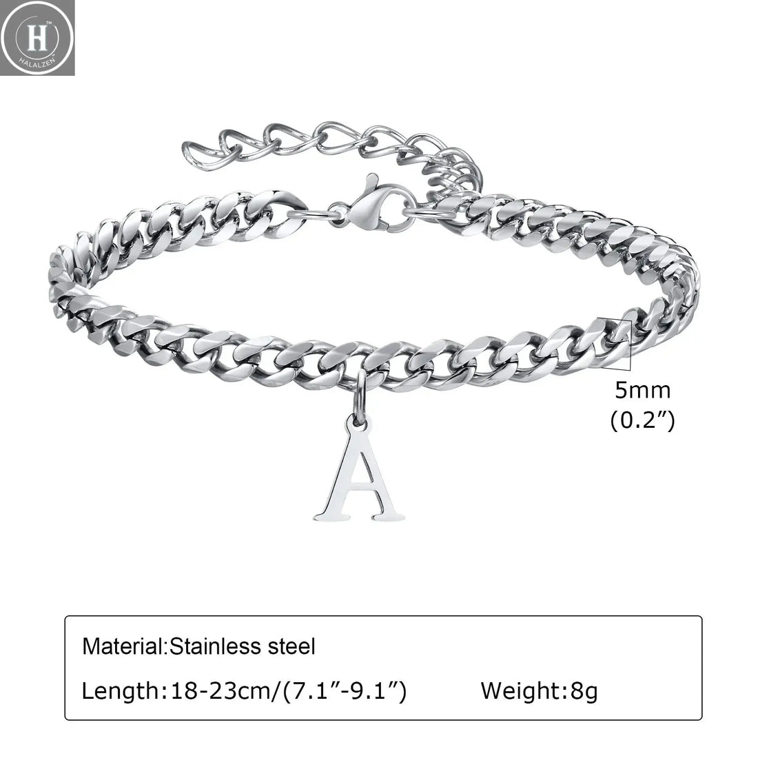 Mens Initials Cuban Links Bracelets,Stainless Steel A-Z 26 Letters Alphabet Charm Chain Wristband Adjustable,Casual Jewelry Gift HALALZEN