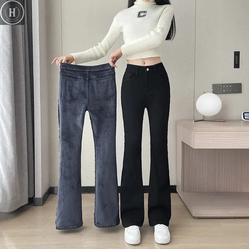 2023 Fashion New Women Warm Plush Flared Jeans Thermal Fleece Loose Denim Pants Female High Waist Urban Straight Flare Trouser Halalzen UK