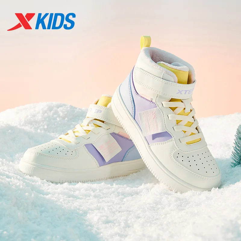 Xtep Kid's Skateboarding Shoes 2024 Winter Unisex Warm Cotton High-top Velcro Stitching Color Fashion Casual Shoes 676416379380