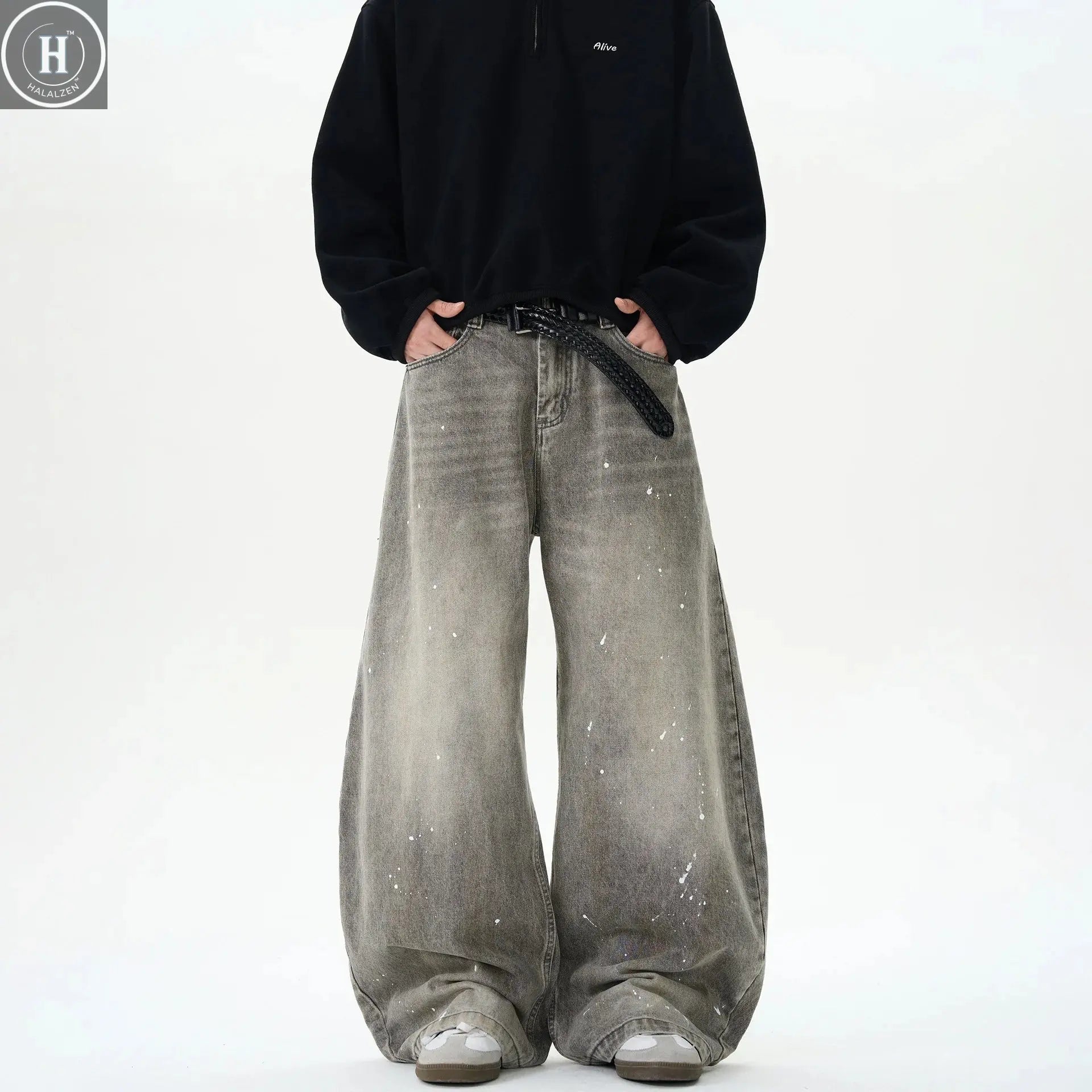 Retro Washed Distressed Grey Spray Ink Bent Knife Jeans Men's Casual American Street Loose Long Pants Straight Leg Jeans Halalzen UK