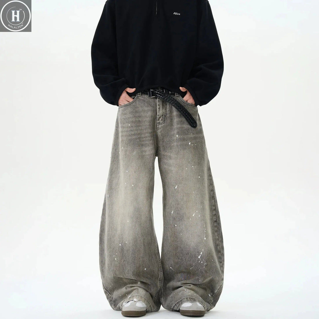 Retro Washed Distressed Grey Spray Ink Bent Knife Jeans Men's Casual American Street Loose Long Pants Straight Leg Jeans Halalzen UK