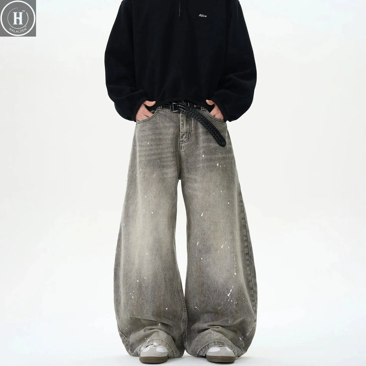 Retro Washed Distressed Grey Spray Ink Bent Knife Jeans Men's Casual American Street Loose Long Pants Straight Leg Jeans Halalzen UK