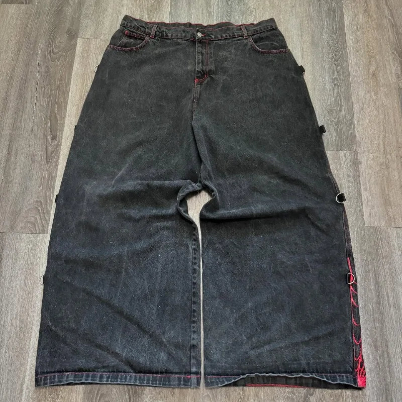 Y2K Vintage Jeans Harajuku Spider Web Printing Black Loose Wide Leg pants Hip Hop Men Women Punk Rock Streetwear Wide Leg Jeans