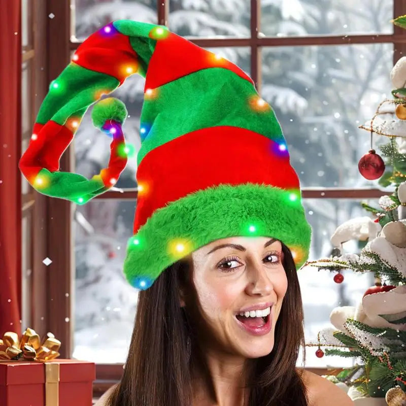 Christmas Creative LED Gold Velvet Light up Christmas Hat Elf Hat Decoration with 3 Button battery Holiday Party Dress Up hat