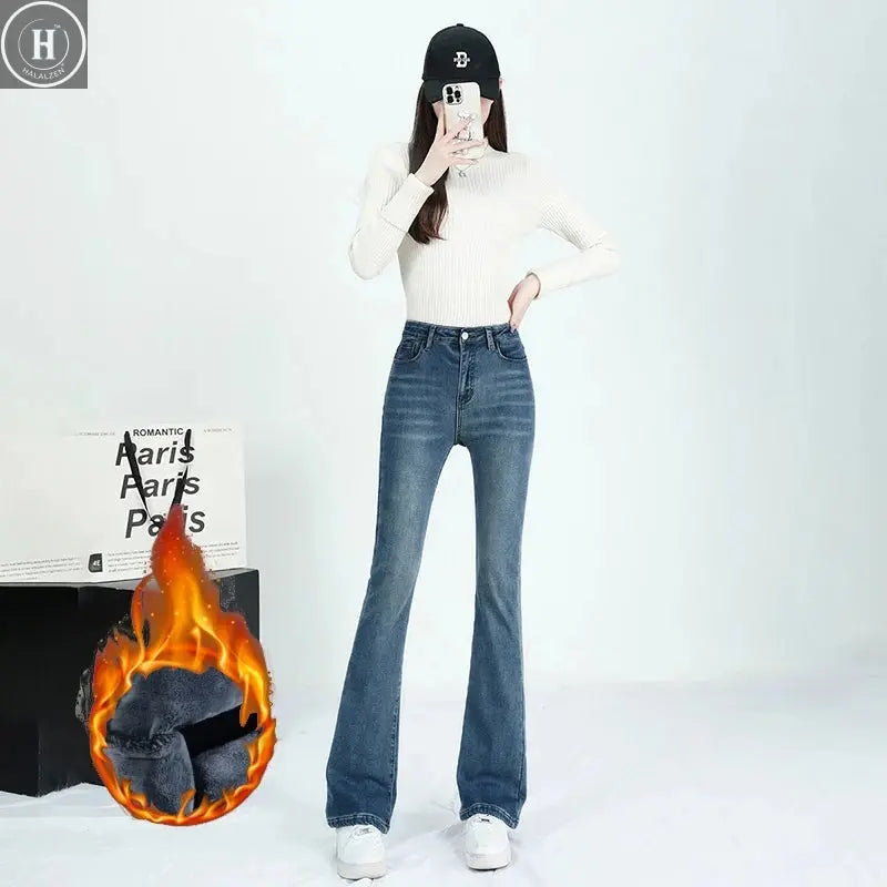 Winter Female Thin Snow Warm Plush Jeans Lady Chic Fleece Flared Pants Girls Korean High Waist Straight Leg Denim Trousers Halalzen UK