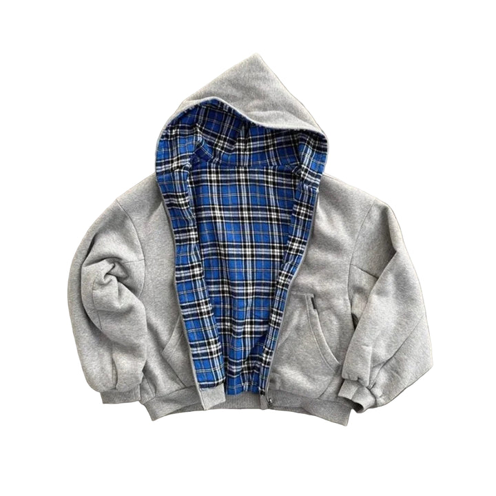 Grey Casual Spring Oversized Reversible Hoodies Women Men Streetwear Clothes Hoodie With Plaid Lining Sweatshirt Streetwear Tops