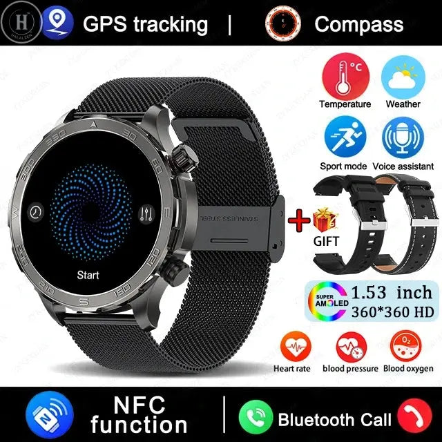 New GPS Track Smart Watch Men AMOLED HD Screen Outdoor Sports Fitness Heart Rate NFC IP68 Waterproof Bluetooth Call Smart Watch HALALZEN