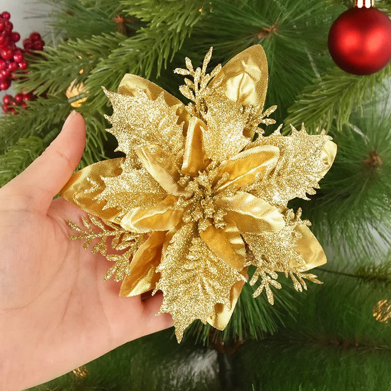 5/10Pcs 14cm Glitter Artificial Christmas Flowers Xmas Tree Ornaments Merry Christmas Decorations for Home New Year Gift Navidad