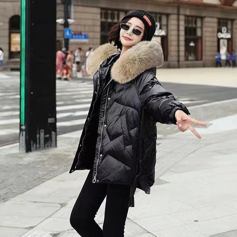 2023 Winter Down Cotton Jacket Women Casual Loose Thicken Warm Parkas Fur Collar Hooded Overcoat Wine Red Waterproof Coat Female