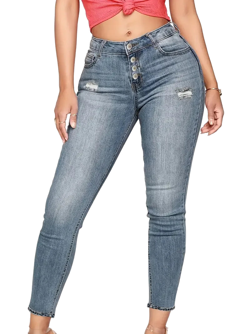 Women's Chic Ripped Pocket Jeans, Single Breasted Button Open and Close, Skinny Stretchy Denim Pants - Solid Color