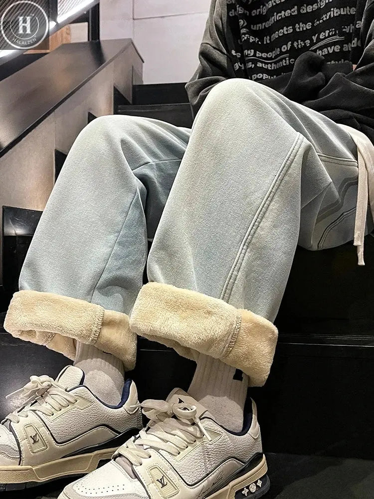 Winter Men's Jeans Korean Fashion Fleece Liner Thick Warm Straight Denim Pants Washed Cotton Retro Blue Wide Leg Jean Trousers HALALZEN