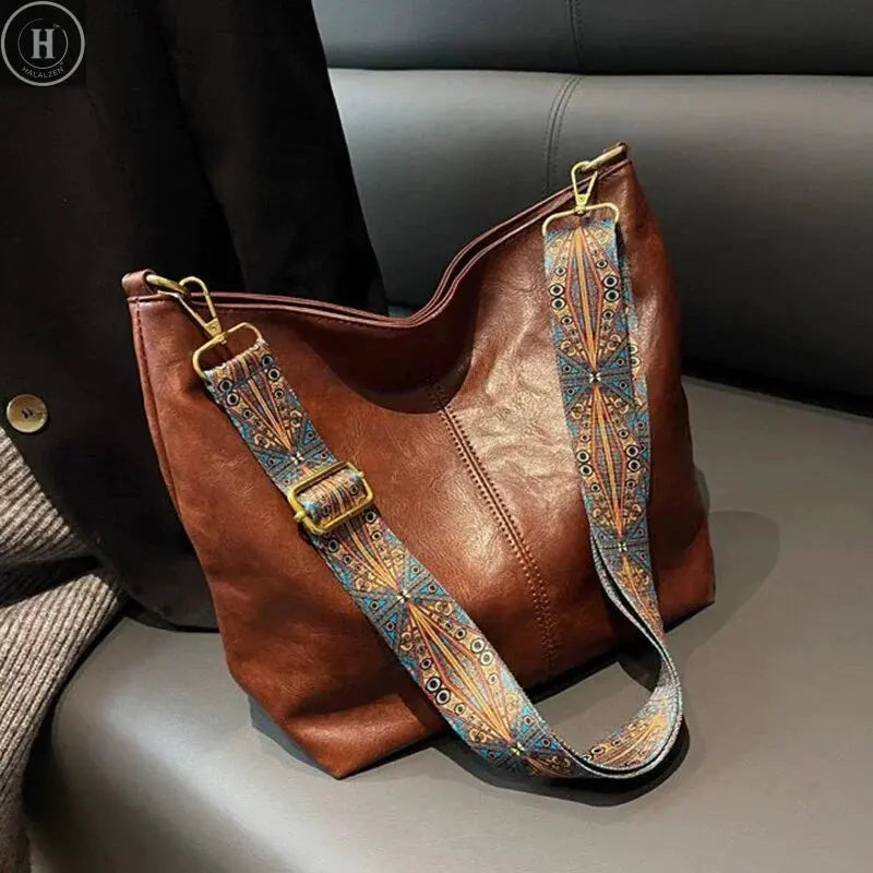 Women Vintage PU Leather Shoulder Bag Large Capacity Hobo Tote Wide Strap Casual Crossbody Purse Daily Handbag Quality HALALZEN