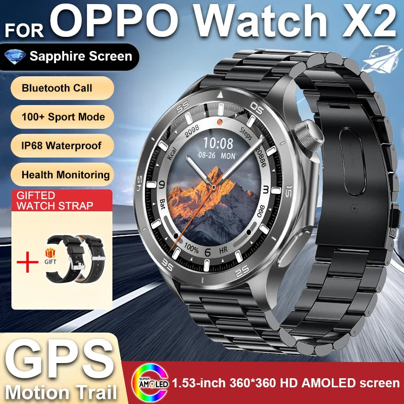 2025 New For OPPO Watch X2 GPS Smart Watch Men Bluetooth Talk Heart Rate Sports Fitness Tracker IP68 Waterproof Smartwatch Man