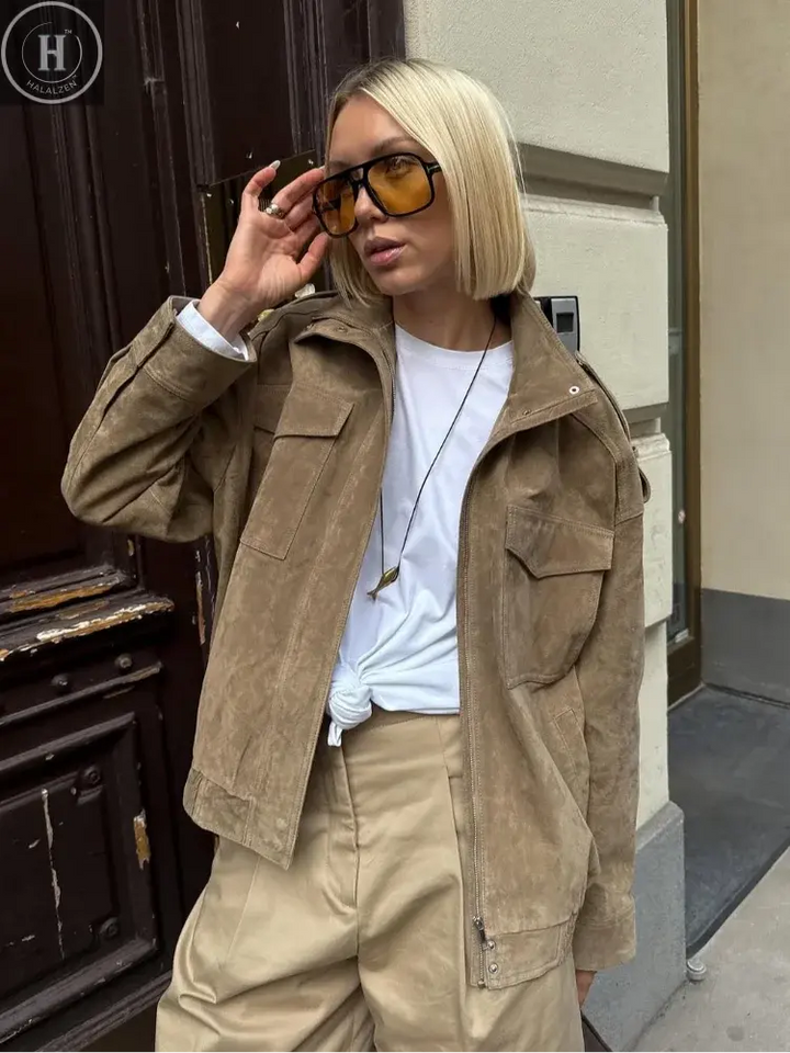 Fashion Stand Collar Suede Jacket Women Long Sleeve Pockets Zipper Loose Bomber Jacket 2025 Autumn Lady High Street Outwear Halalzen UK