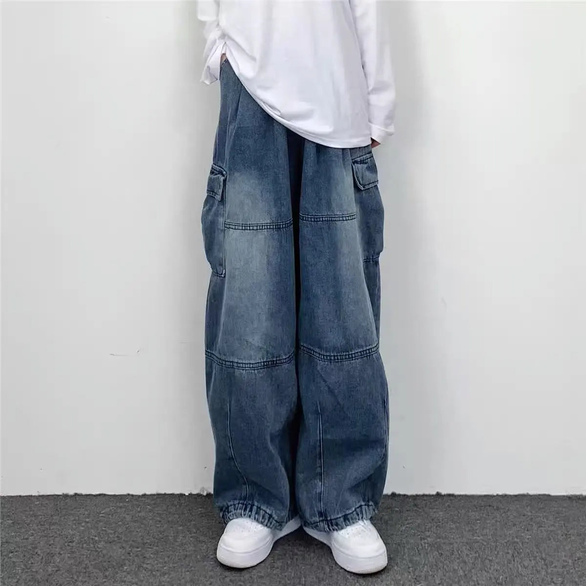 2024 Spring And Autumn Vintage Wide Leg Big Pocket Overalls Men Y2K Neutral Loose Straight Leg Casual High Street Hip Hop Jeans