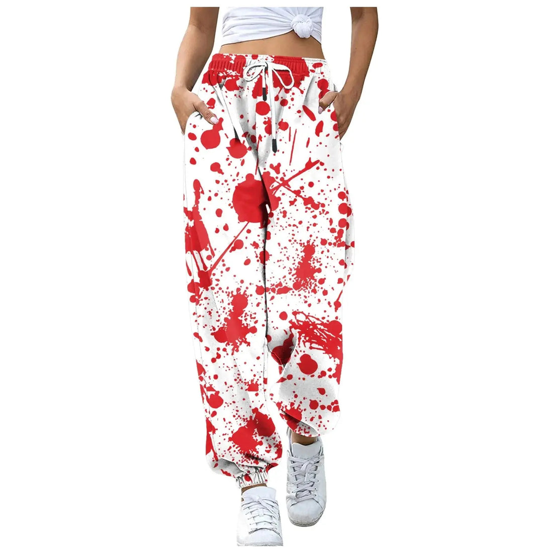 Women Halloween Blood Print Pants Bottom Sweatpants Drawstring Pockets High Waist Sporty Gym Athletic Fit Jogger Pants Trousers Halalzen UK