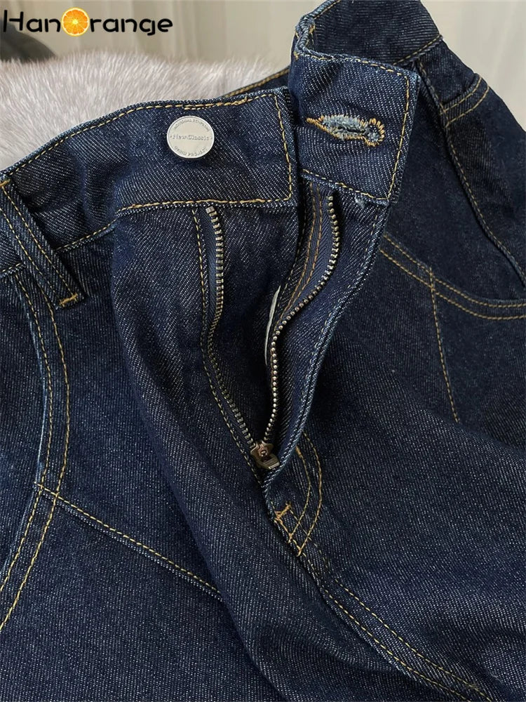 HanOrange Winter Vintage Arc High Waist Wide Leg Jeans Women Thickened Warm Loose Casual Trousers Female Dark Blue