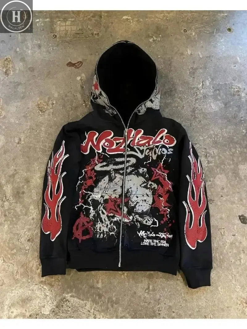 Explosions of New Harajuku Zipper Hooded Sweater Street Men and Women Retro Shirt Sweatshirt Gothic Jacket Hooded Couple Sweater HALALZEN
