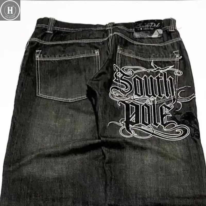 American Street Trend Letter Embroidered Loose Jeans Men Harajuku Y2K New Hip Hop Oversized Wide-leg Pants Unisex Mopping Jeans HALALZEN