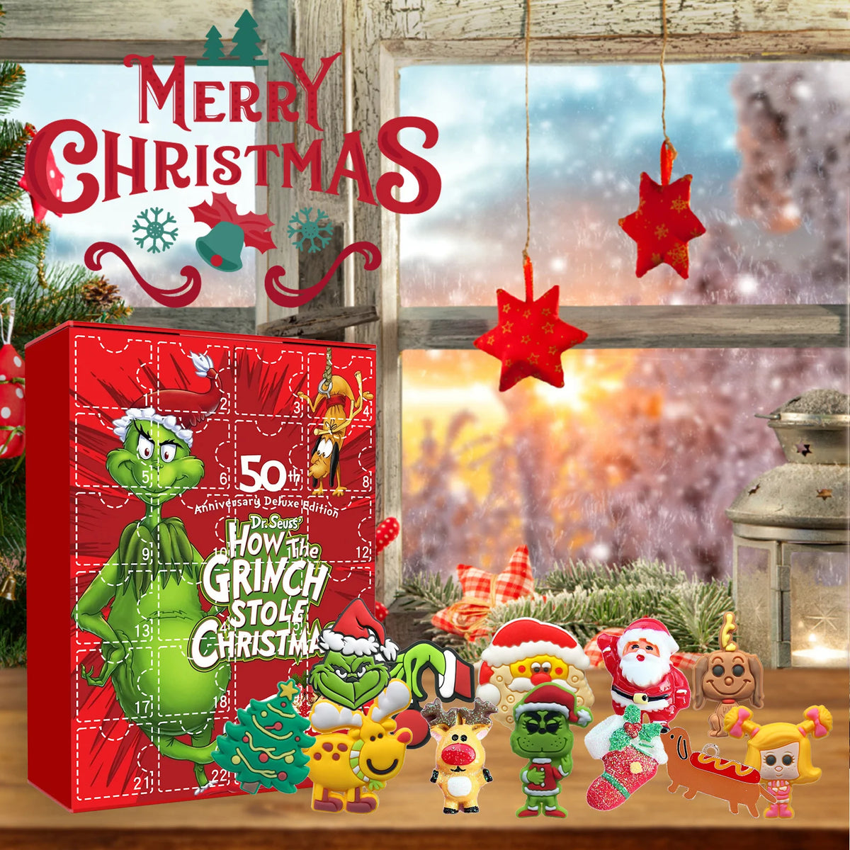 Pet/child Christmas Cartoon Toy Blind Box, Green Furley Grinch Series 24 Grids, Holiday Room Decoration - Resin