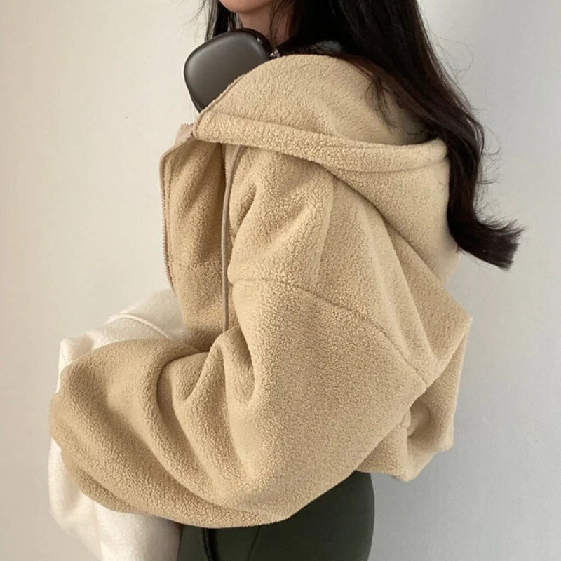 Women Autumn Winter Thicken Warm Fleece Hoodie Zipper Drawstring Short Coat Lamb Fur Velvet Jacket Casual Sweatshirt Streetwear