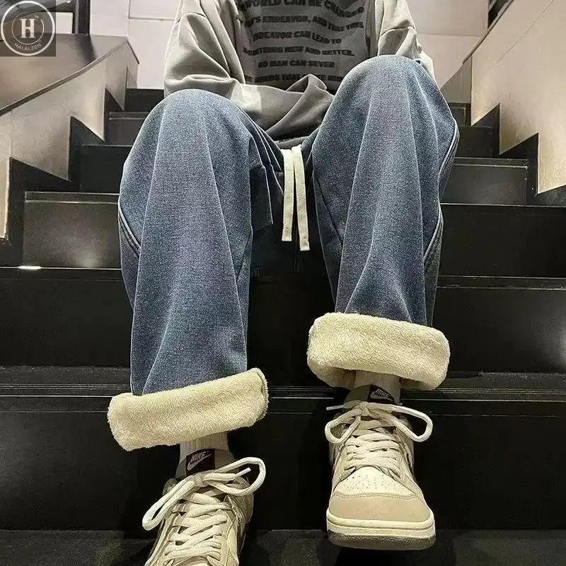 2026Men's Winter Fleece-Lined Jeans Thick Warm Brushed Denim Korean Style Straight Fit Insulated Trousers for Asians Sizes M-3XL Halalzen UK