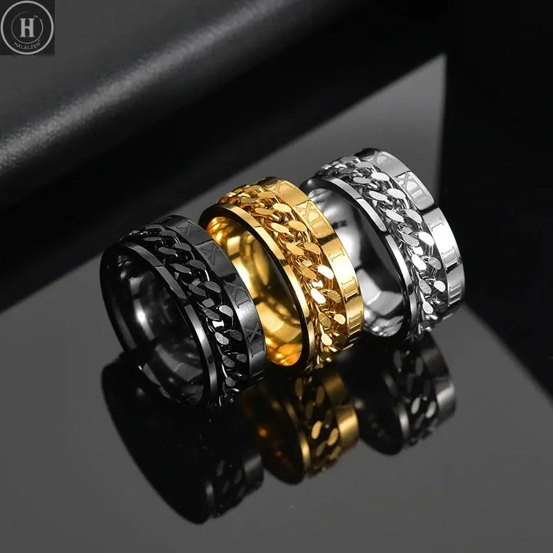 Cool Stainless Steel Rotatable Men Ring High Quality Spinner Chain Punk Women Jewelry for Party Gift HALALZEN