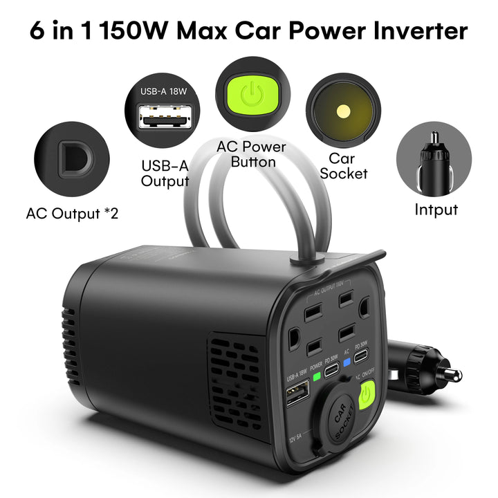 150W Car Power Inverter 12V DC to 110V AC With 2 AC Outlets, 1 18W USB-A Port and Dual 30W PD Fast Car Charger
