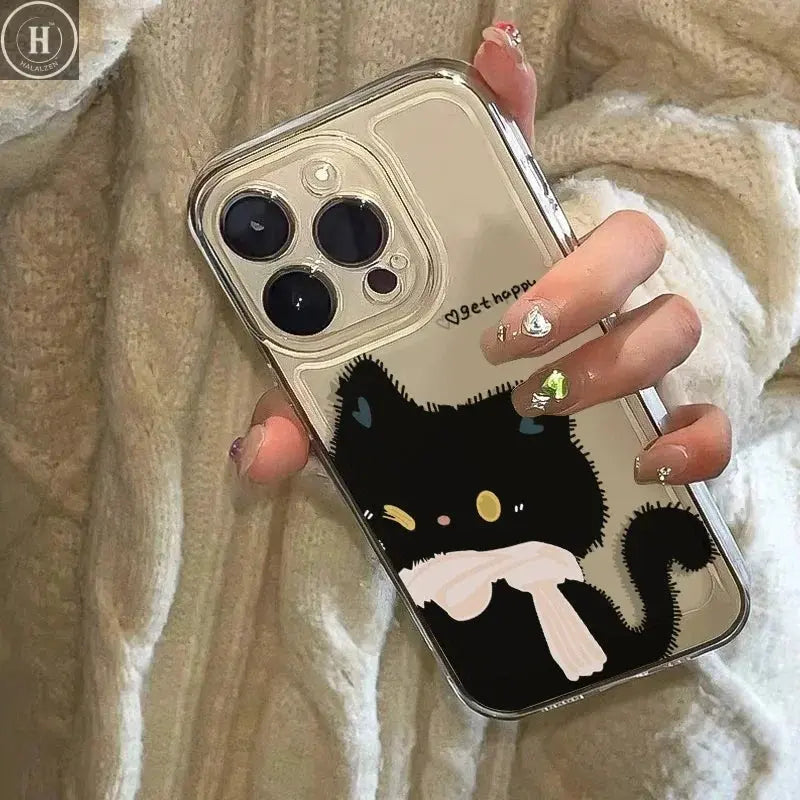 Cartoon Black White Cat Couple Paired Phone Case For iPhone 17 16 Pro Max 15 14 11 12 13 Plus Clear Cover Fundas Halalzen UK