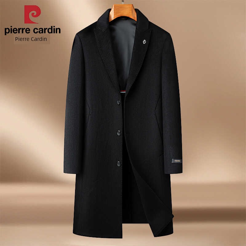 Pierre Cardin Hand-Stitched Wool Reversible Woolen Coat Closure Collar Casual Stripes Long Trench Coat Men