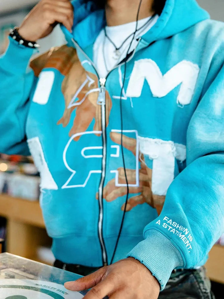 Trendy Baggy Hooded Cardigan Mens Y2K Pattern Print Loose Zip-up Hoodie Sweatshirt Men Spring Hip Hop Long Sleeve Hoodies Unisex